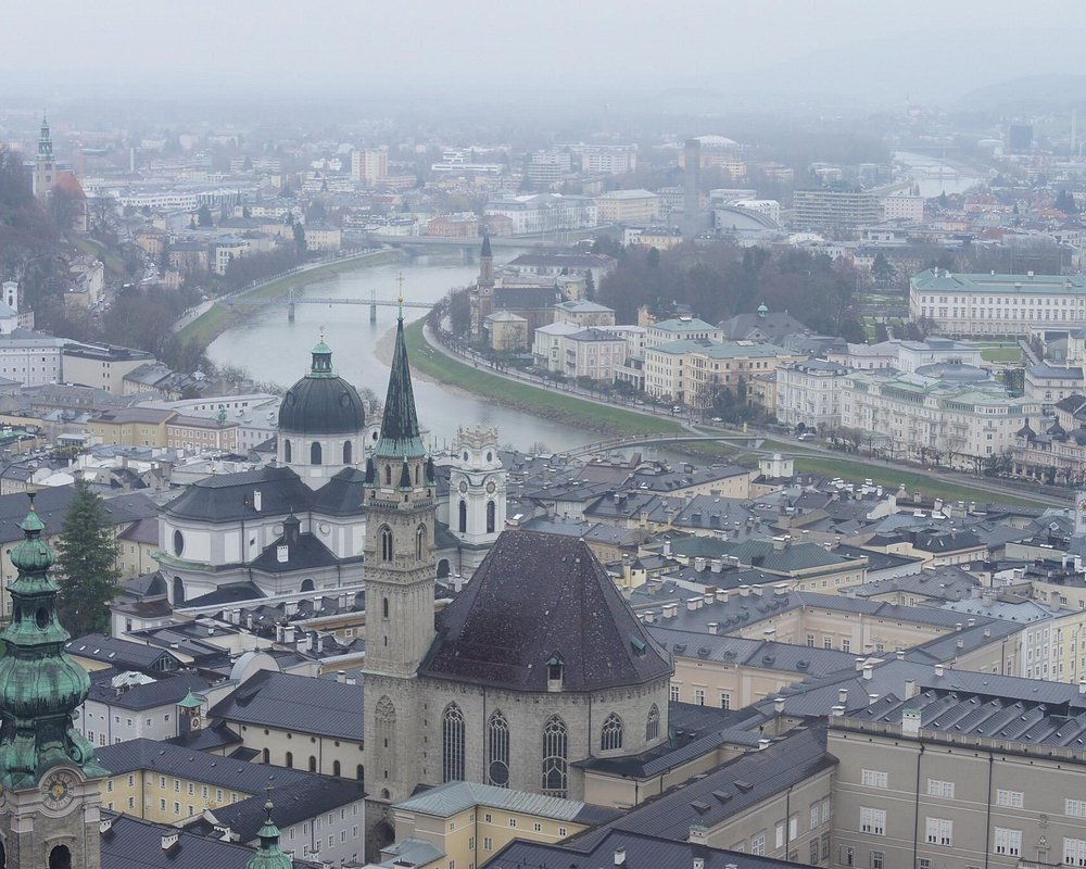 Historic rooftops of central Salzburg above the Salzach river