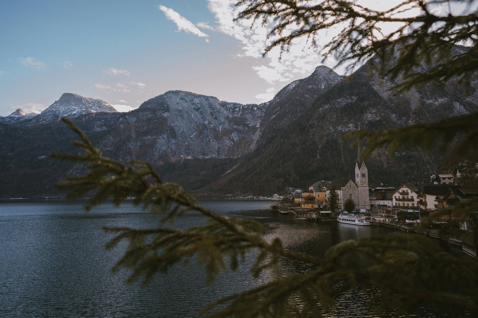 Hallstatt village beside the lake with Alpine peaks in winter